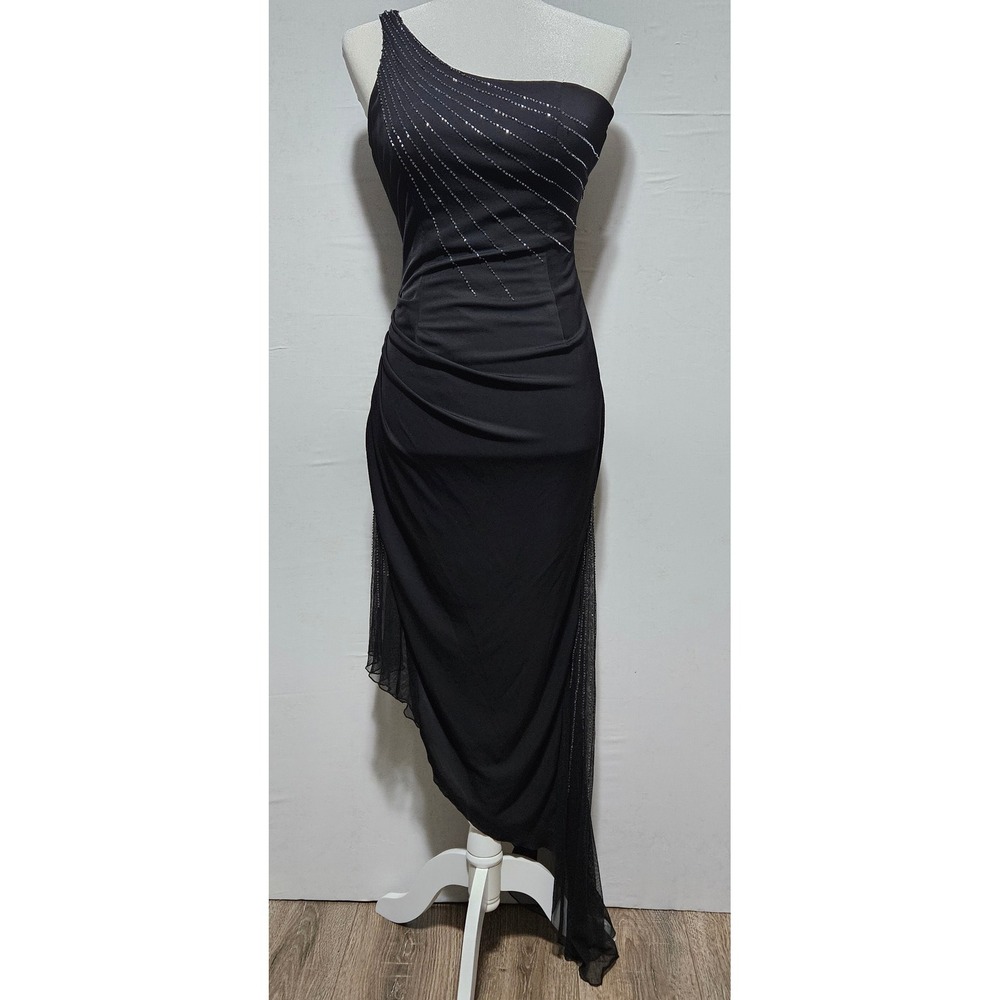 Black One Shoulder Beaded Asymmetrical Evening Gown Formal Prom Dress
